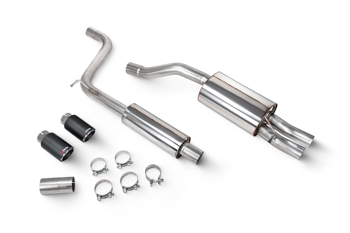 Scorpion Volkswagen Polo GTI AW GPF-Back Exhaust System, resonated model with polished metal finish and exhaust pipes visible.