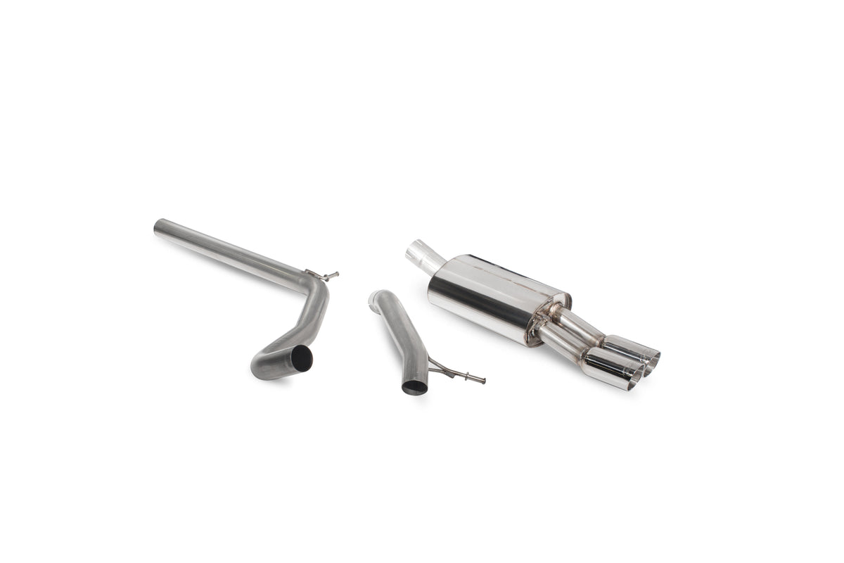 Scorpion Seat 1.2 TSI 6J, 6P non-resonated cat-back exhaust system installed on a vehicle, showcasing the polished exhaust tips.