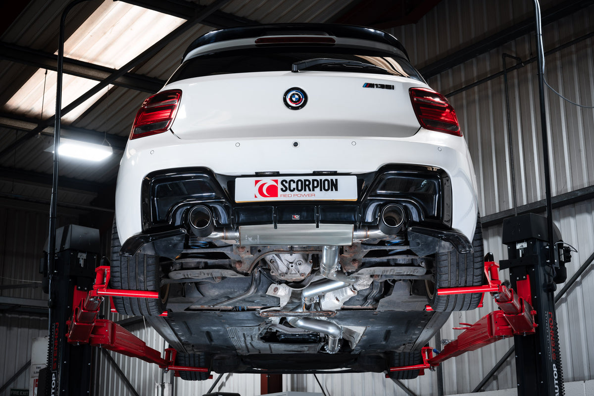 Scorpion BMW M135i F20/F21 cat-back exhaust system with non-resonated pipes and dual exhaust tips, without valve, stainless steel finish
