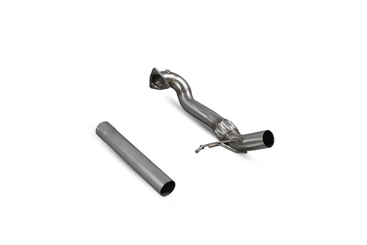 Scorpion Audi TT Mk1 quattro 225 Bhp de-cat downpipe, shiny metal exhaust component with welds, installed in a vehicle engine bay.