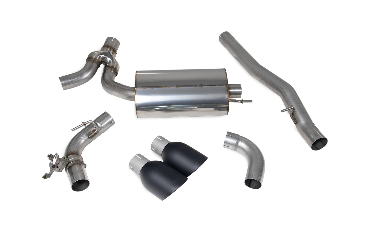 Scorpion BMW M135i xDrive GPF-Back Exhaust System with electronic valve, showcasing polished metal pipes and exhaust tips.