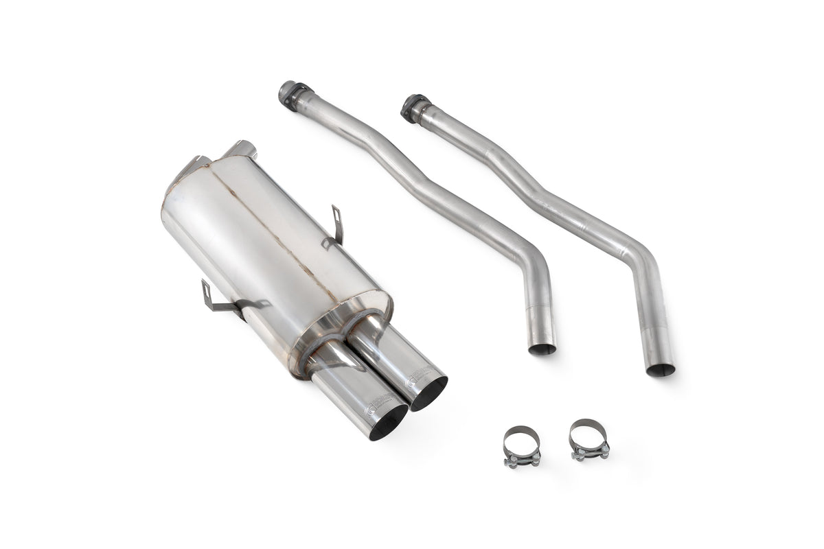 Scorpion BMW 325/328 E36 cat-back exhaust system with polished stainless steel pipes and dual exhaust tips.