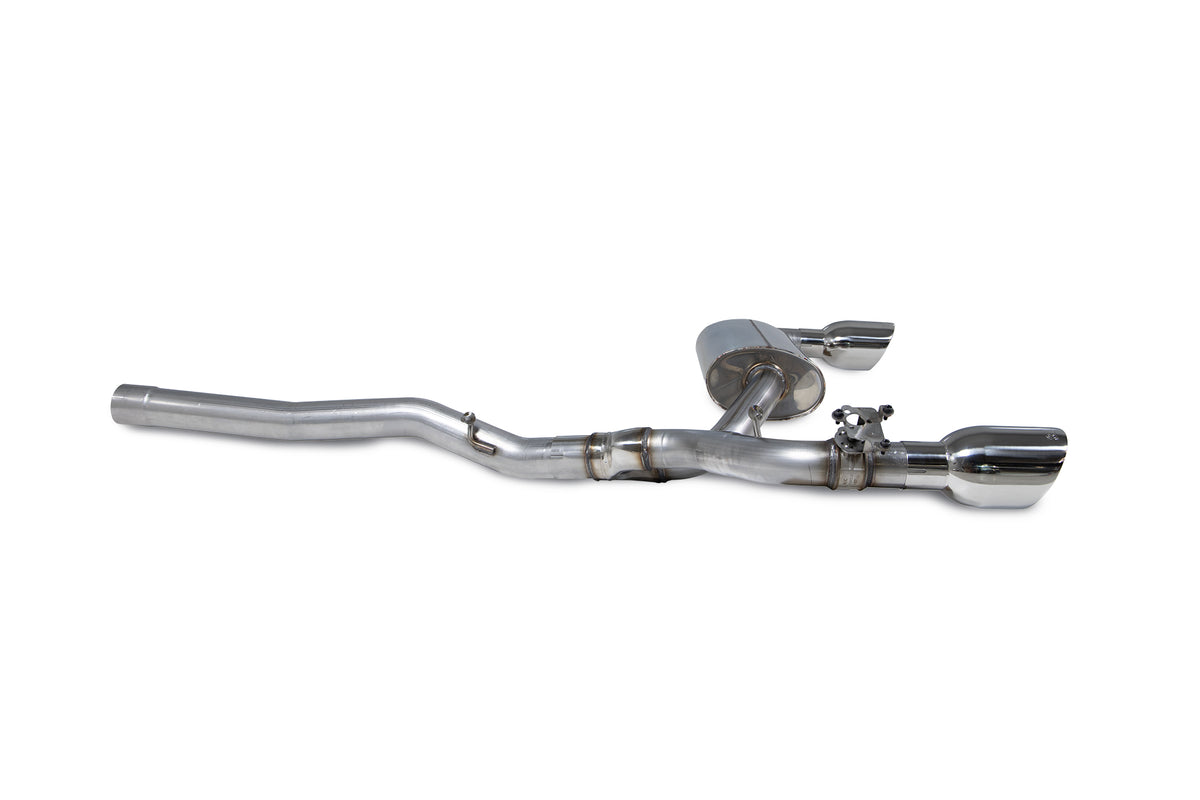 Scorpion BMW M135i xDrive GPF-Back Exhaust System with electronic valve, black metal finish and dual exhaust tips.