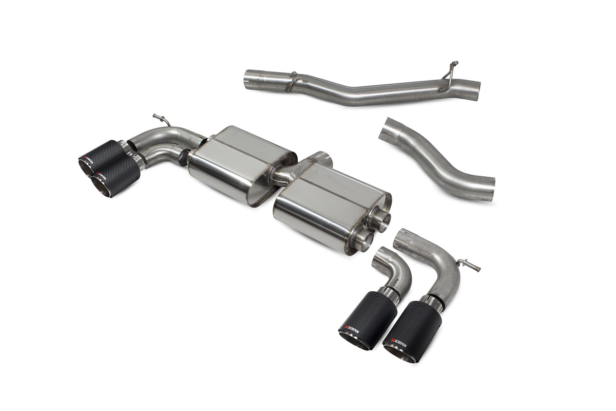 Scorpion Audi SQ2 GPF-Back Exhaust System with non-resonated, non-valved design, showing polished exhaust pipes and muffler.
