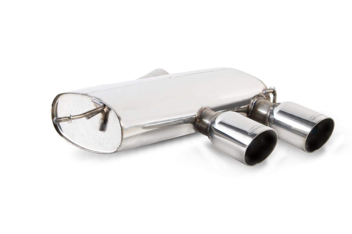 Scorpion Volkswagen Golf MK5 R32 non-resonated cat-back exhaust system with polished stainless steel pipes and dual exhaust tips.
