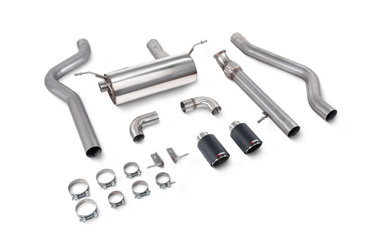 Scorpion BMW M235i F22 non-resonated cat-back exhaust system without valve, showing the polished stainless steel pipes and muffler.
