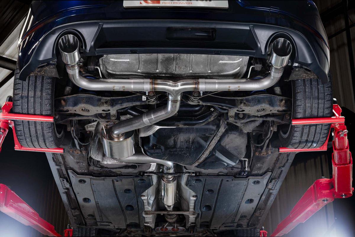 Scorpion Volkswagen Golf Mk7.5 1.5 TSI resonated cat-back exhaust system installed on the car's rear and side view.