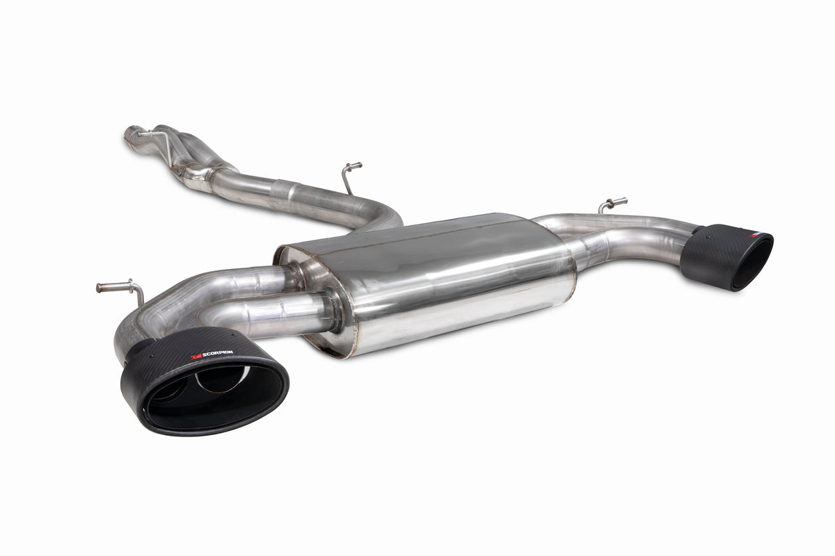 Scorpion Audi RS3 8V saloon GPF-Back exhaust system without valves, showing stainless steel pipes and muffler for enhanced sound.