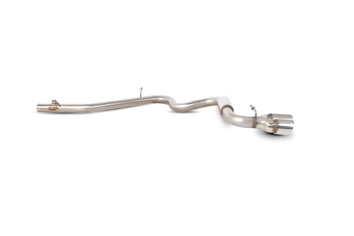 Scorpion Audi TT Mk2 2.0 TDI Quattro coupe cat-back exhaust system with polished stainless steel pipes and dual exhaust tips.