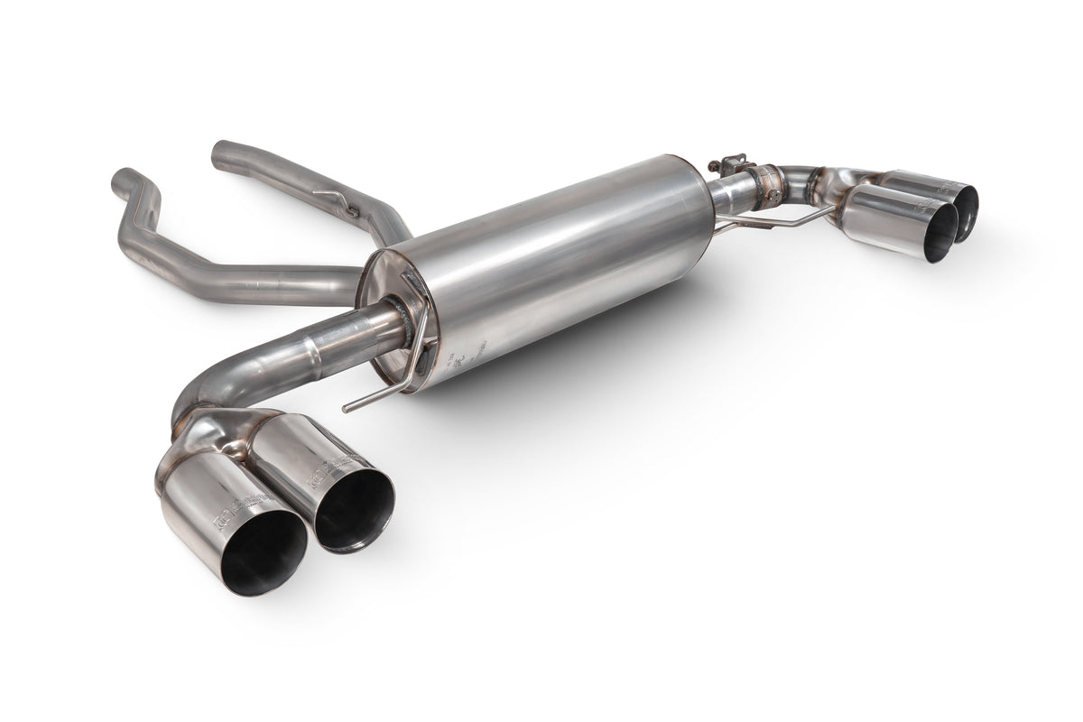 Scorpion BMW G20 G21 M340i xDrive half exhaust system with electronic valve, showcasing polished metal pipes and muffler components.