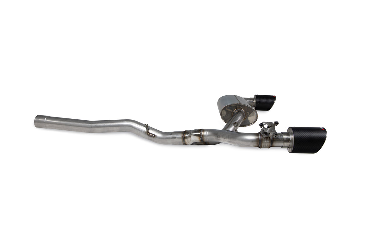 Scorpion BMW M135i xDrive GPF-back exhaust system with electronic valve, stainless steel construction, and polished finish.