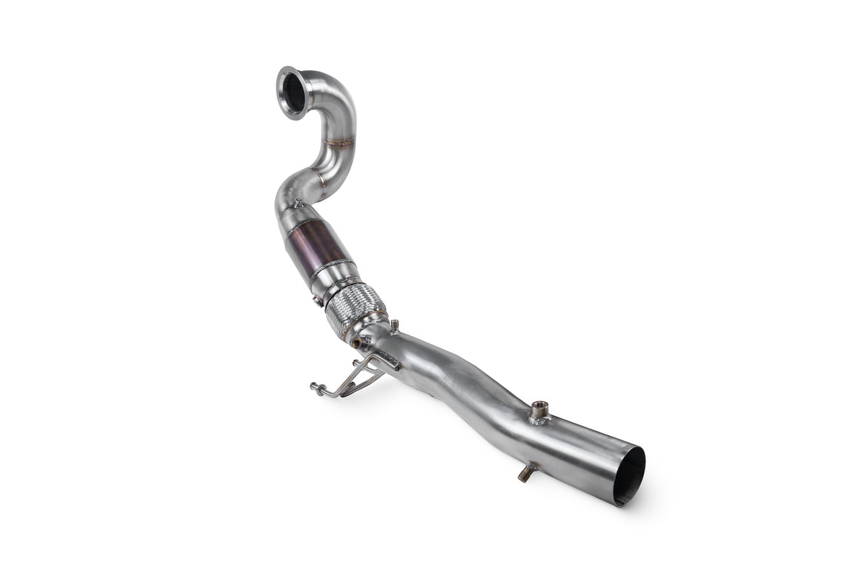 Scorpion Volkswagen Polo GTI AW pre-facelift GPF sports cat downpipe with high-flow catalyst, showing polished metal and exhaust fittings.