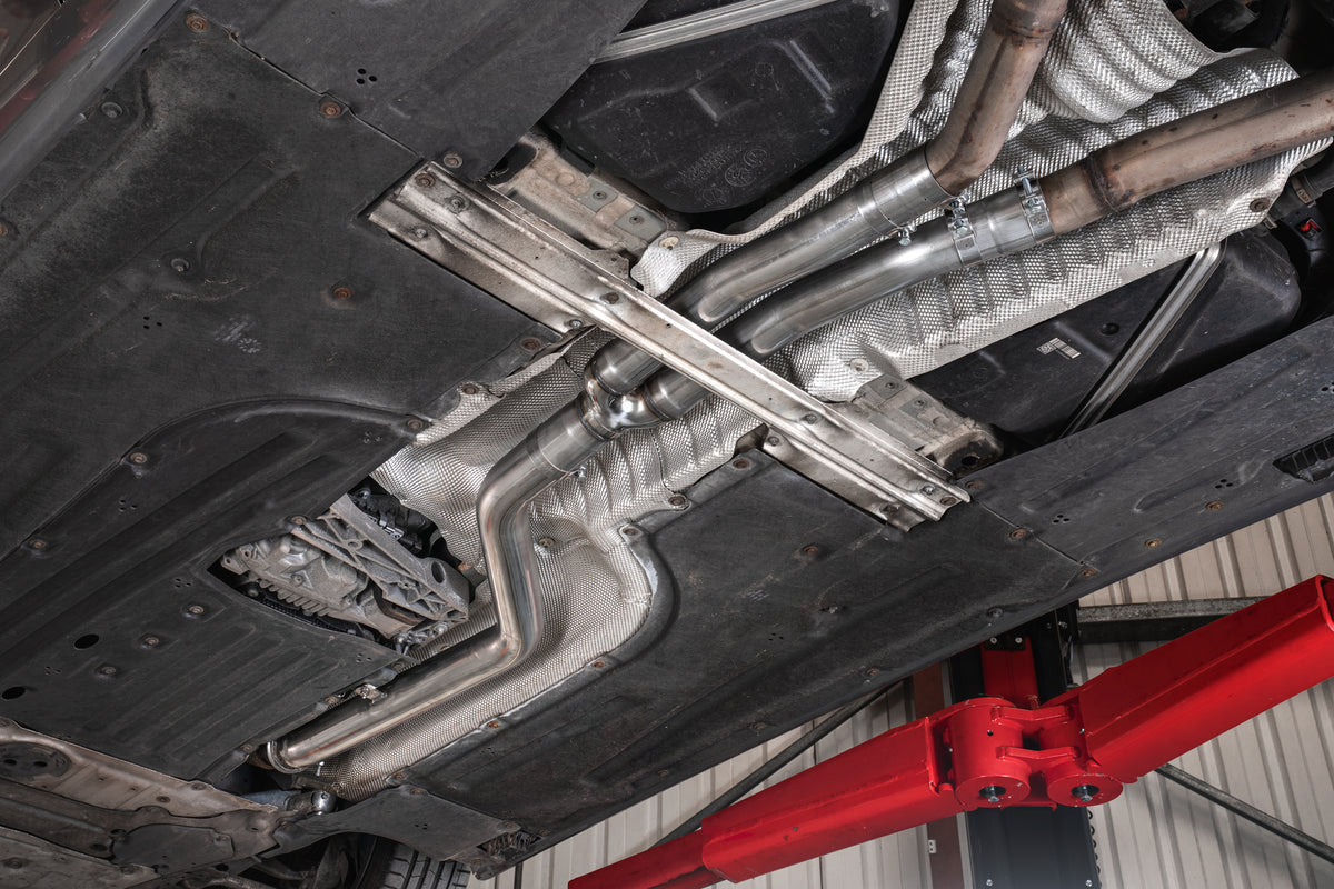 Scorpion BMW G20 G21 M340i xDrive G22 M440i GPF delete pipe, shown with polished metal finish and pipe connections.