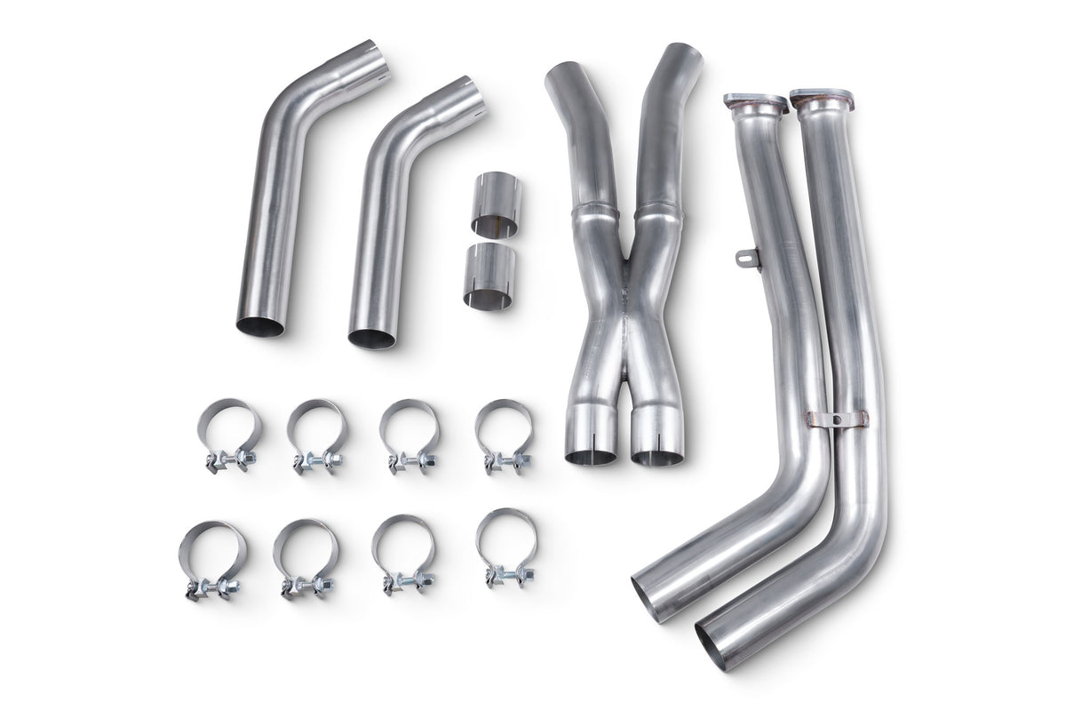 Scorpion BMW X3 M and X4 M GPF delete pipe, non-resonated competition exhaust part installed in engine bay area