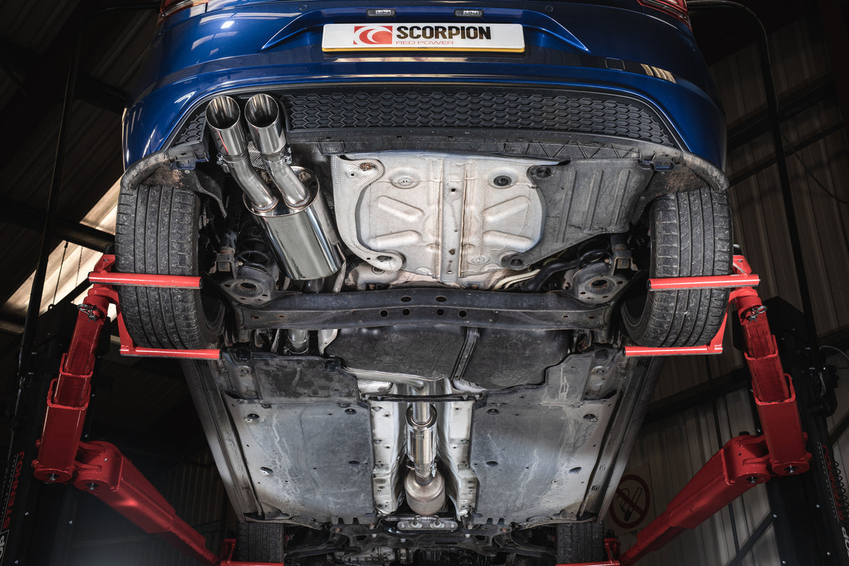 Scorpion Volkswagen Polo GTI AW GPF-Back Exhaust System with resonated design, showing polished metal pipes and muffler components.