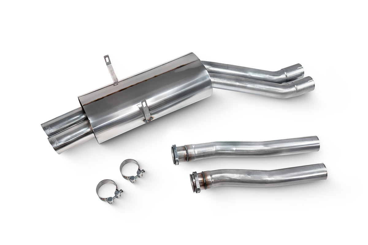 Scorpion BMW M3 E36 cat-back exhaust system, showcasing polished stainless steel pipes and muffler components.