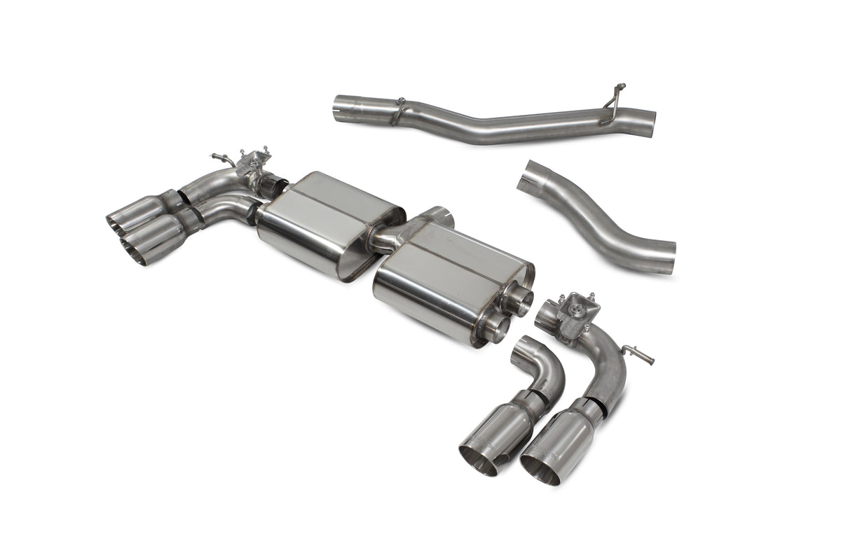 Scorpion Volkswagen Golf MK7 R cat-back exhaust system with electronic valves, non-resonated, showcasing polished stainless steel pipes.