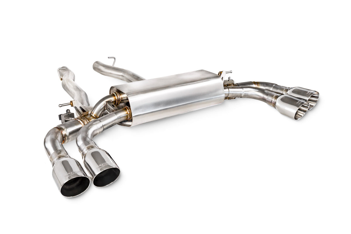 Scorpion BMW M5 G90/G99 GPF-Back Exhaust System with electronic valves, showing the polished exhaust tips and sleek design.