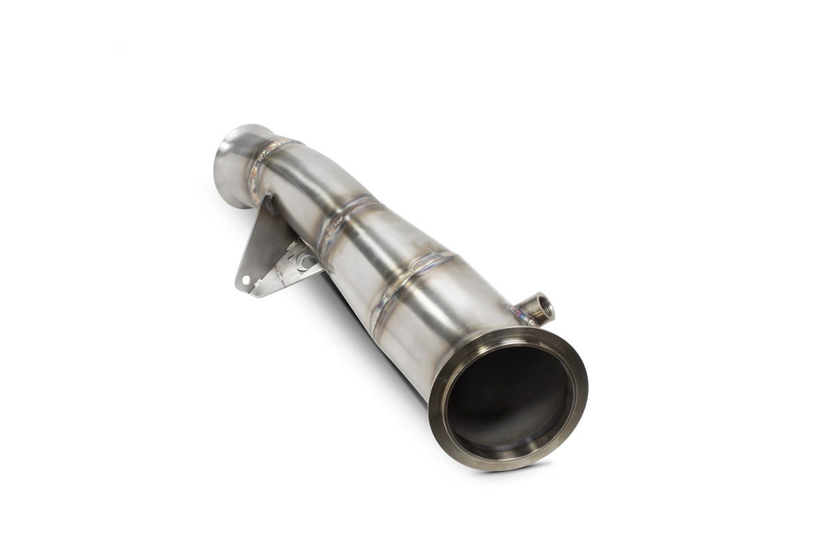 Scorpion BMW M2 F87 Non GPF de-cat downpipe with metallic finish and welded connections, designed for high-performance exhaust upgrades.