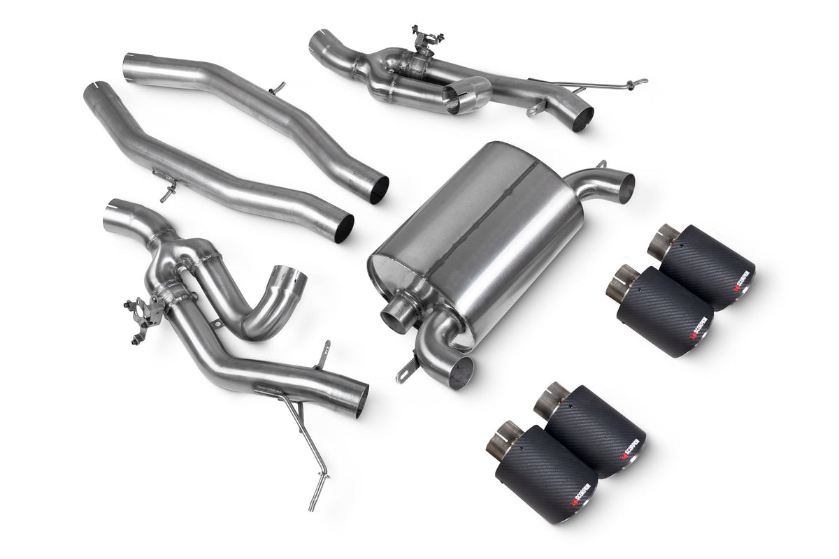 Scorpion BMW M3 G81 Touring Half Exhaust System with polished metal pipes and muffler, designed for performance and style.