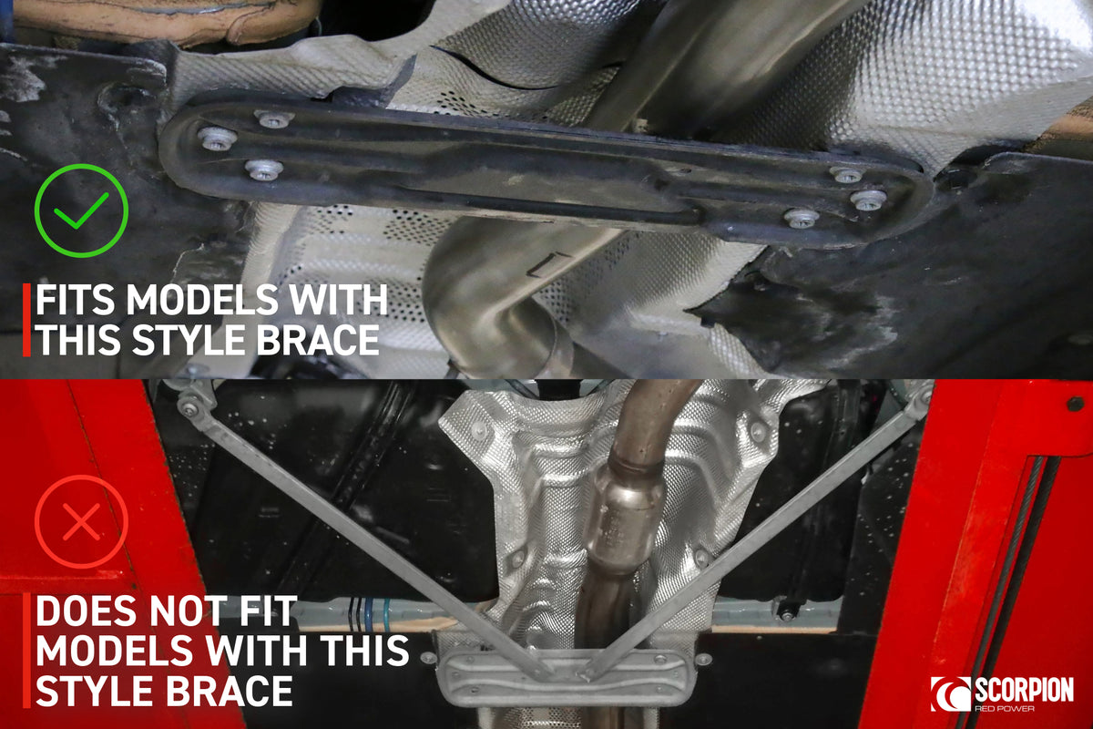 Scorpion Exhausts exhaust tunnel brace for BMW M135i, M140i, 330d, 335i, and 440i models, shown mounted in the engine bay.