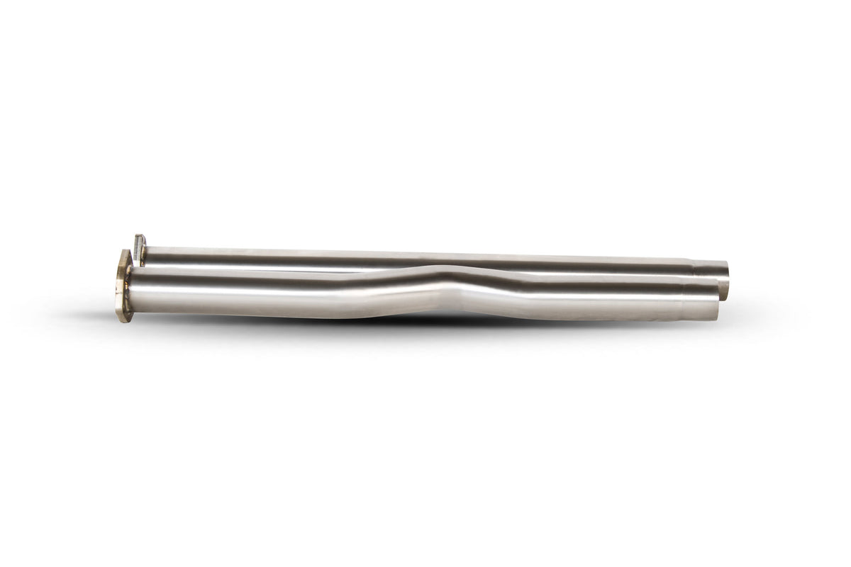 Scorpion Audi TT MK2 TTRS secondary cat replacement pipes for performance exhaust system, showing shiny metal pipes and fittings.