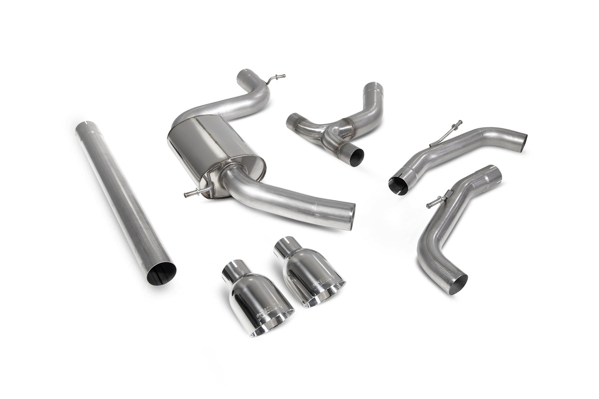 Scorpion Volkswagen Golf MK8 GTI GPF-Back Exhaust System with non-resonated design and polished exhaust tips.
