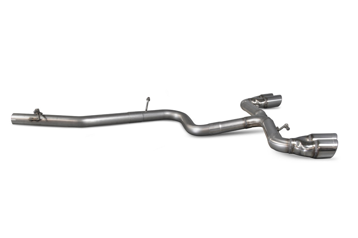 Scorpion Audi TT Mk2 2.0 TDI Quattro cat-back exhaust system with polished stainless steel pipes and dual tailpipes.