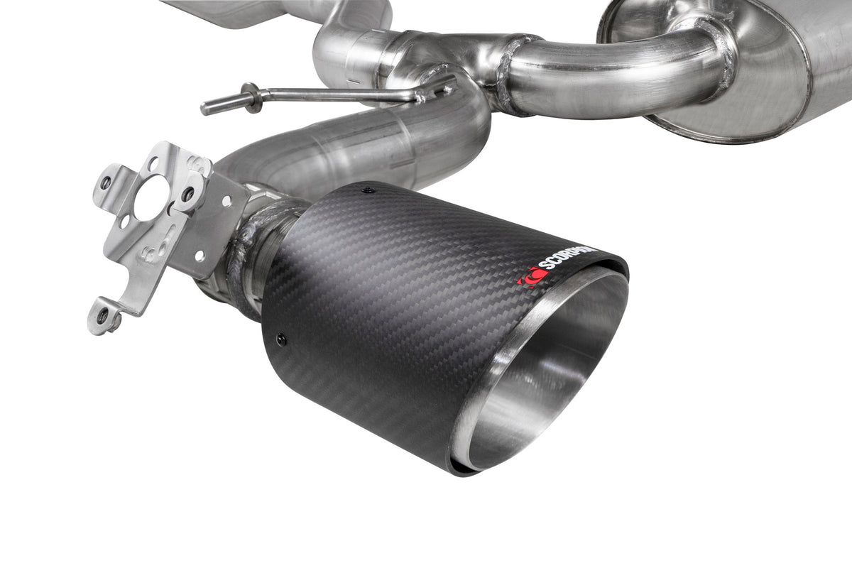 Scorpion BMW 128ti F40 GPF-Back Exhaust System with electronic valve, showing polished metal pipes and exhaust tips.