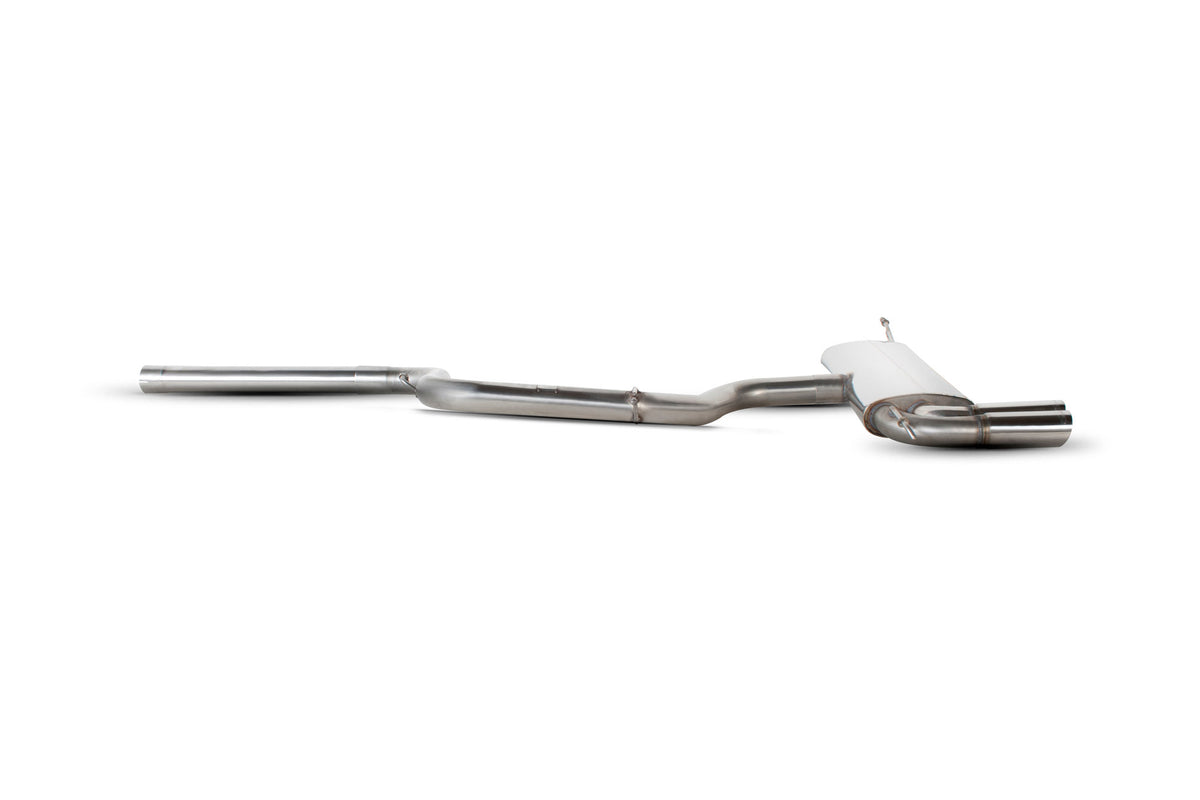 Scorpion Volkswagen Scirocco cat-back exhaust system, non-resonated, featuring polished stainless steel pipes and muffler for enhanced performance.