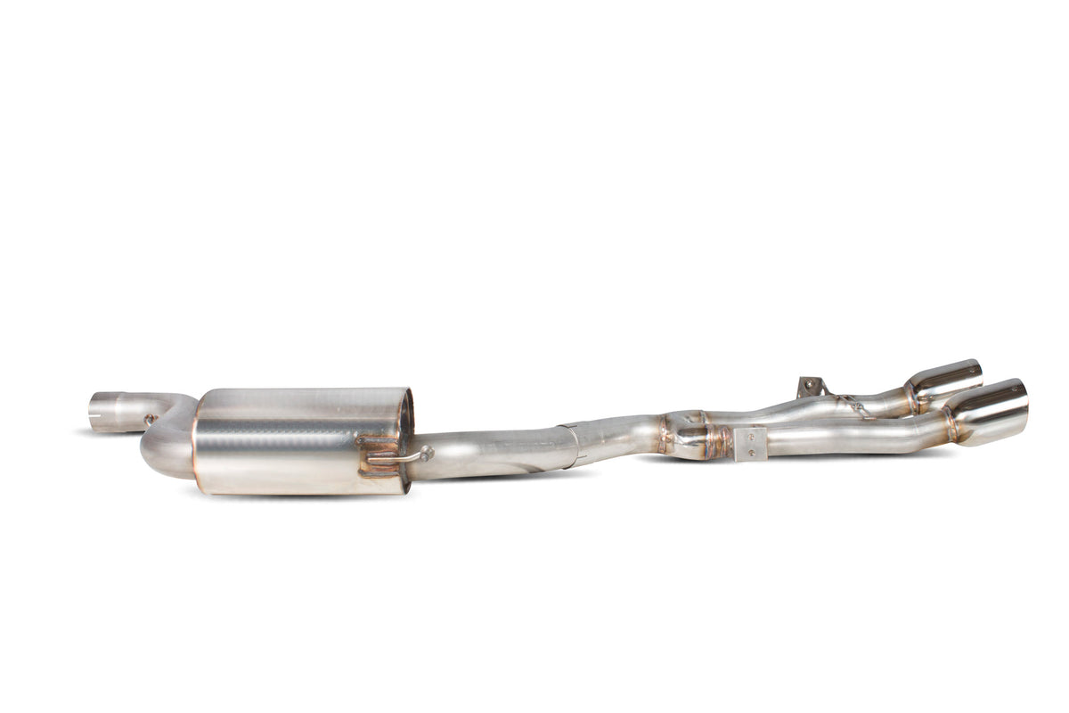 Scorpion Exhausts cat-back exhaust system for Seat Leon Cupra R 2.0 TSI 265 PS, showing the polished stainless steel pipes and muffler.