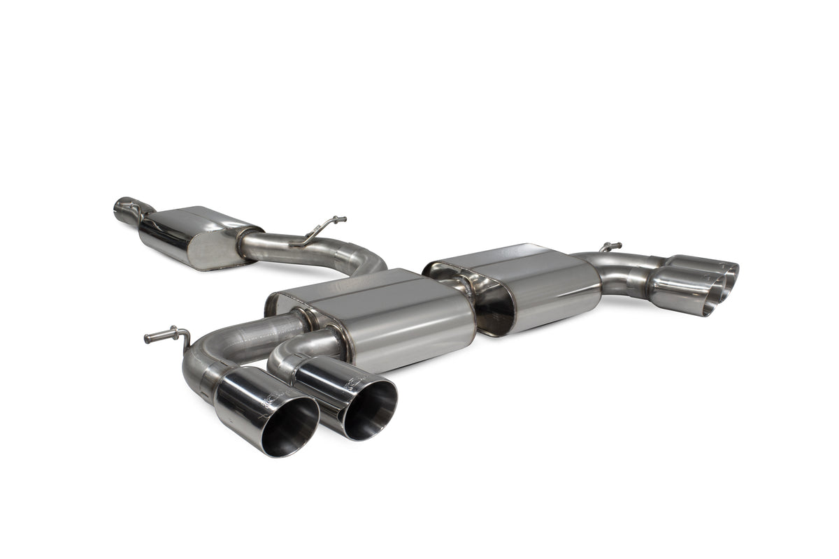 Scorpion Audi SQ2 GPF-Back exhaust system with resonated design, non-valved, stainless steel construction, showcasing the exhaust tips