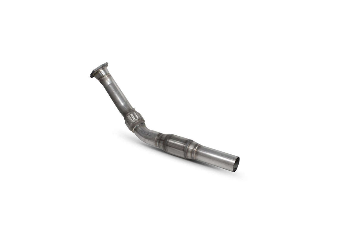 Scorpion Audi TT Mk1 180 sports cat downpipe with high-flow sports catalyst, showing stainless steel construction and exhaust fittings.