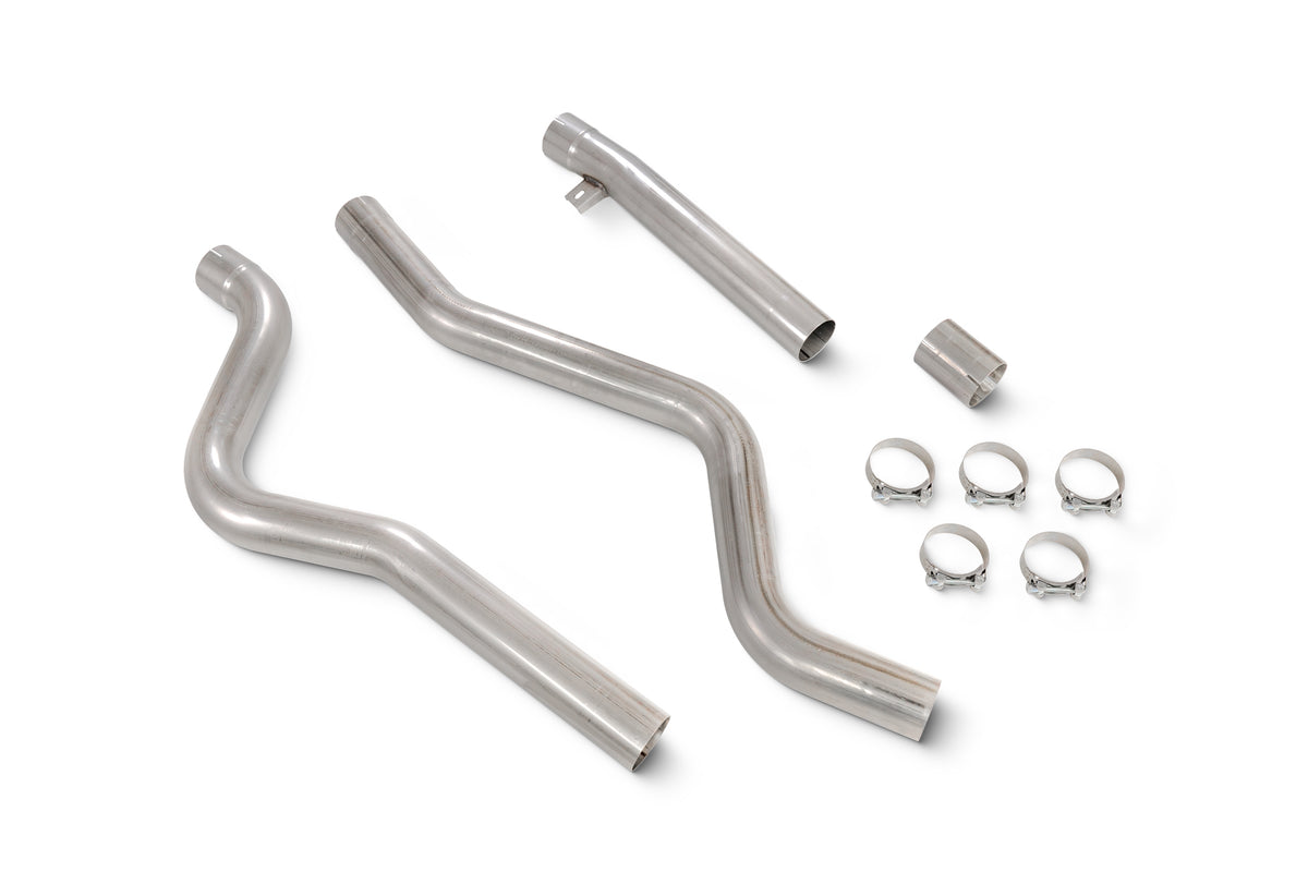 Scorpion BMW 340i F30/F31 15-18 and 440i F32/F33/F36 16-18 resonator delete pipe installed in the exhaust system.