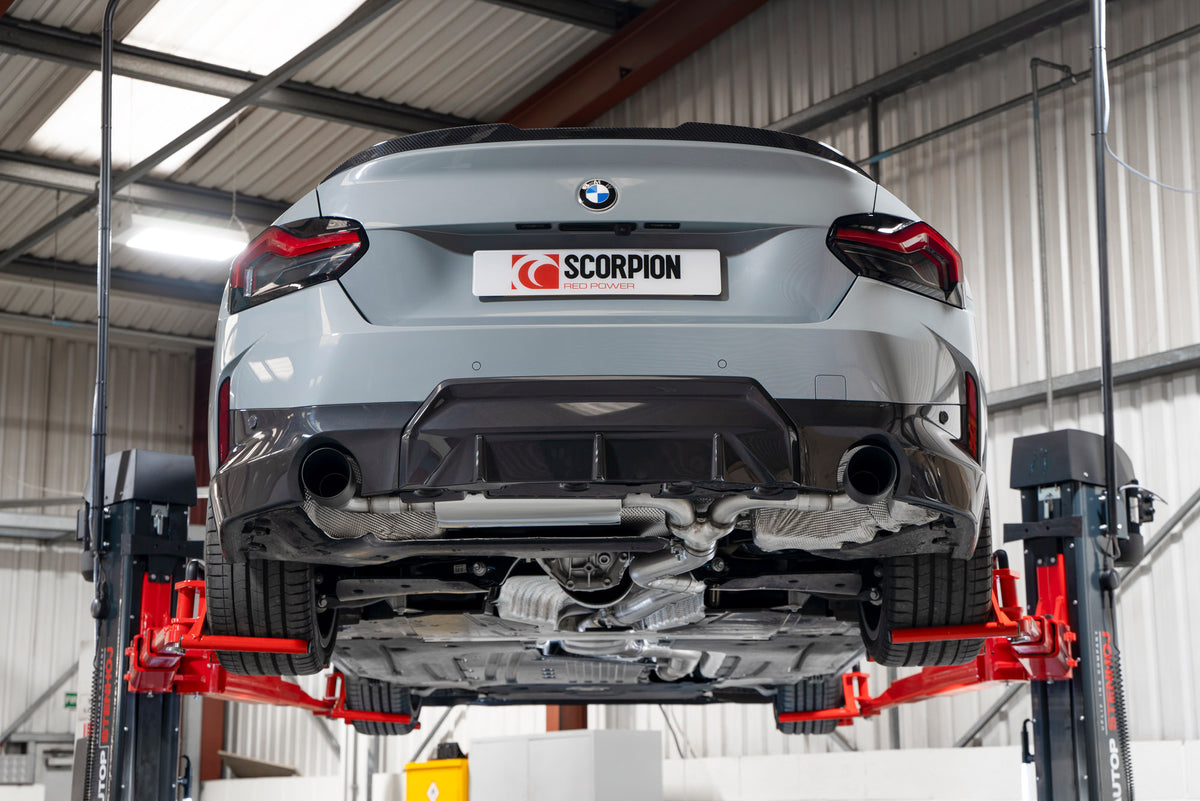 Scorpion BMW 220I G42 GPF-Back Exhaust System installed on GPF models, showcasing polished exhaust tips and system design.