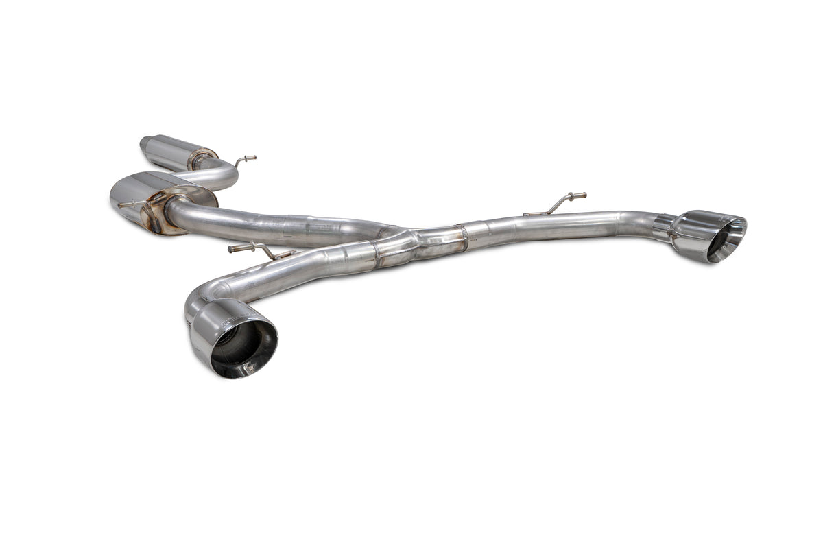 Scorpion Volkswagen Golf MK8 GTI Clubsport GPF-Back Exhaust System with resonated dual exhaust tips, showcasing high-performance design
