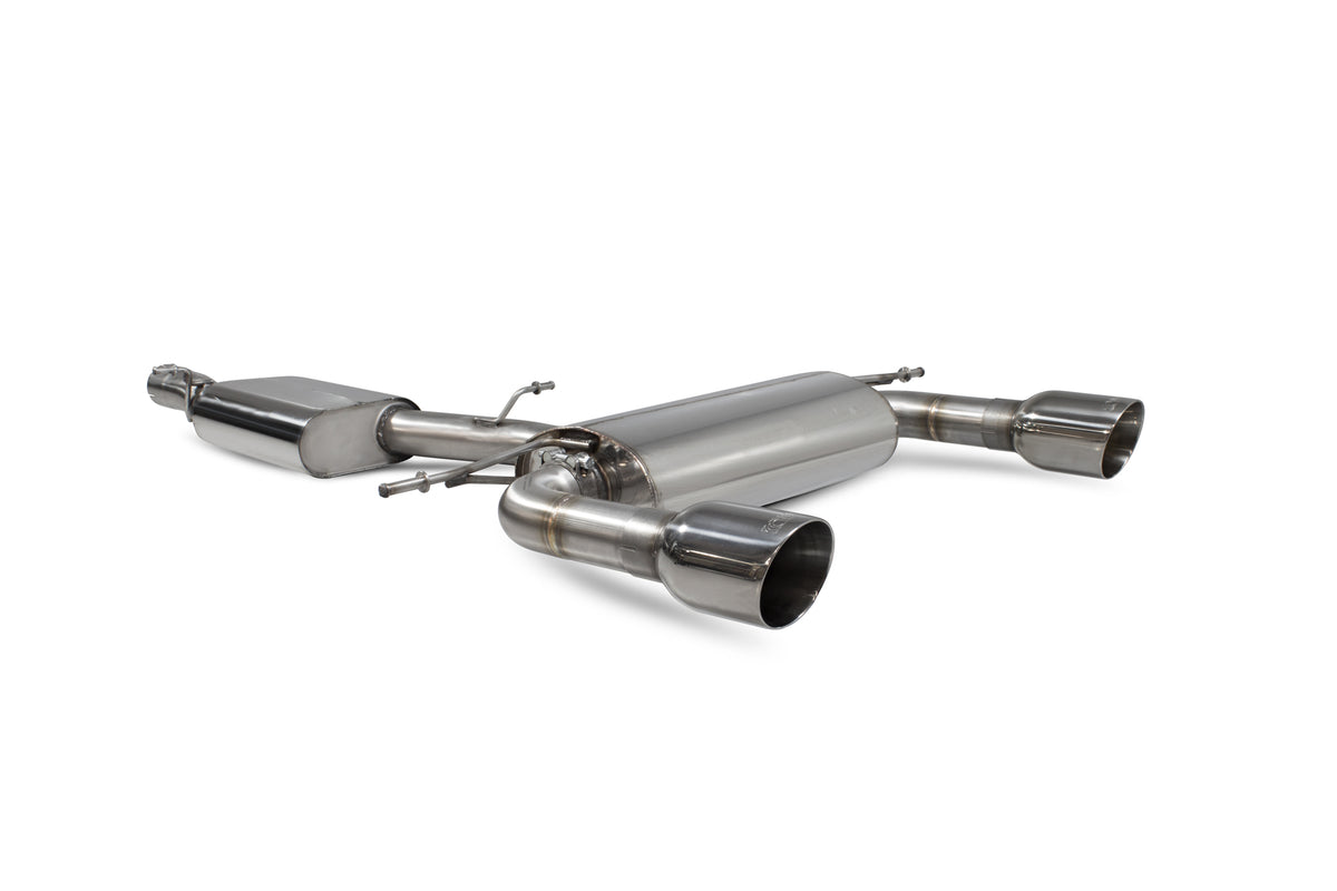 Scorpion Audi TT MK3 2.0 TFSI quattro non-GPF cat-back exhaust system with resonated pipes and no valves, shown installed on the vehicle.