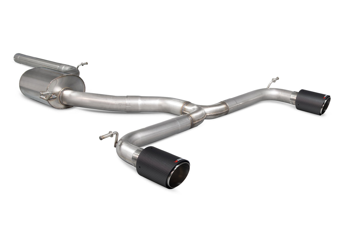 Scorpion Volkswagen Golf MK7.5 GTI non-GPF cat-back exhaust system with polished stainless steel tips, installed on the car's rear.