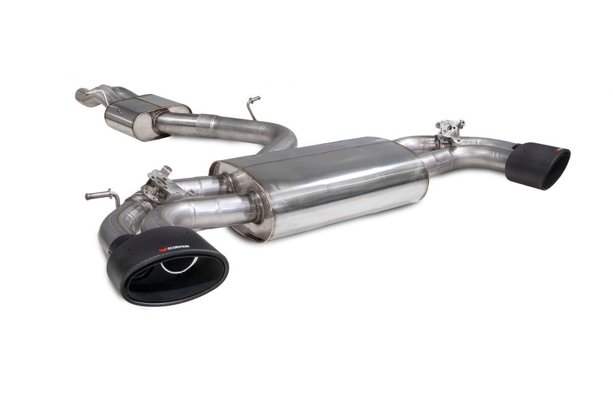 Scorpion Audi TT MK3 TT RS GPF-Back Exhaust System with resonated cat and valves, showing polished metal pipes and mufflers.