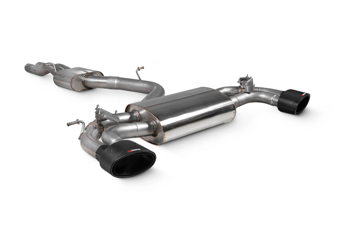 Scorpion Audi RS3 8V pre-facelift resonated cat-back exhaust system with valves, showcasing polished stainless steel pipes and muffler.