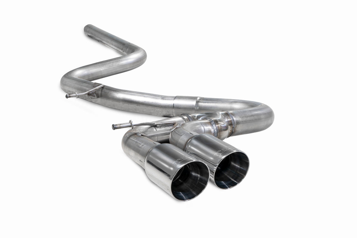 Scorpion Volkswagen Golf MK7 GTD cat-back exhaust system with polished stainless steel pipes and dual tailpipes.