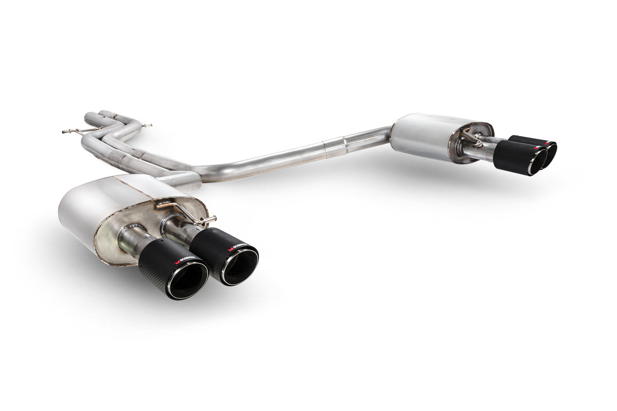 Scorpion Audi S6/S7 C7 non-resonated half exhaust system with no valves, showcasing the metallic pipes and dual exhaust tips.