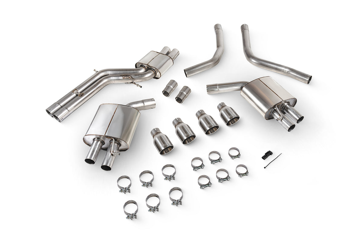 Scorpion Audi S6/S7 C7 resonated half exhaust system with no valves, showing polished stainless steel pipes and muffler components.
