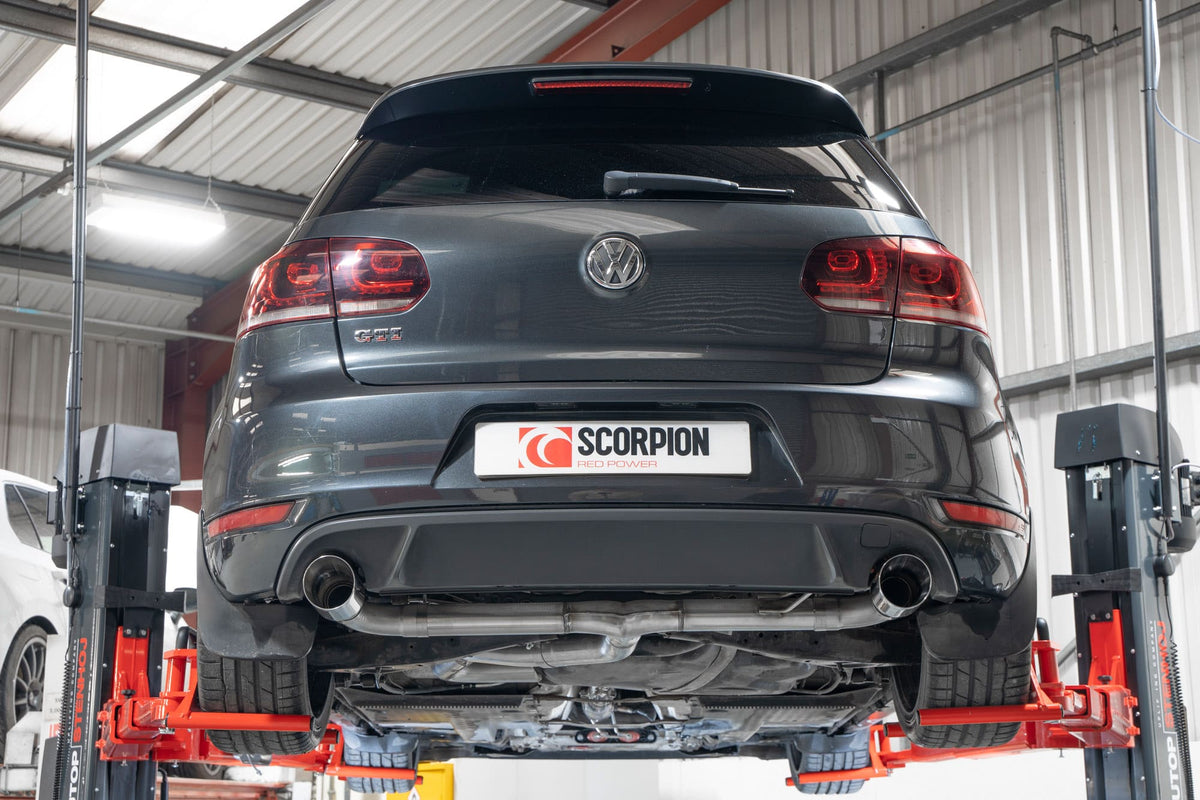 Scorpion Volkswagen Golf Mk6 GTI 2.0 TSI Edition 35 cat-back exhaust system with non-resonated predator muffler, stainless steel finish.