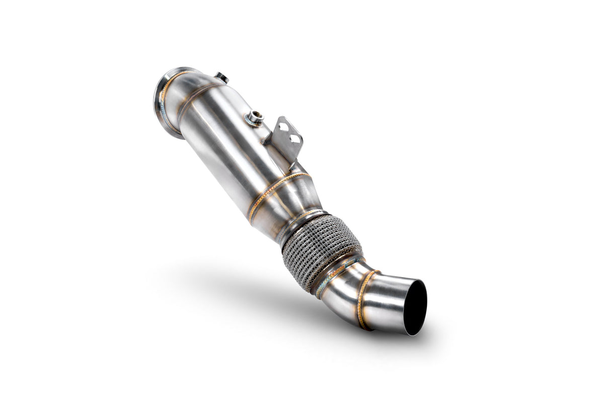 Scorpion BMW M140i, M240i, 340i, 440i, 540i, 740i De-Cat Downpipe showing stainless steel construction and fitment details