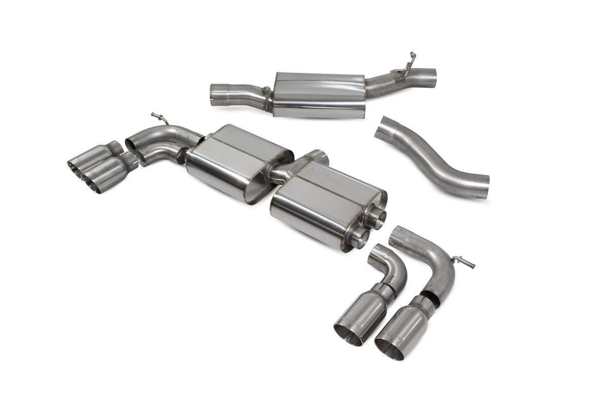 Scorpion Volkswagen Golf R MK8/8.5 GPF Model resonated cat/GPF-back exhaust system with polished metal finish and dual exhaust tips.