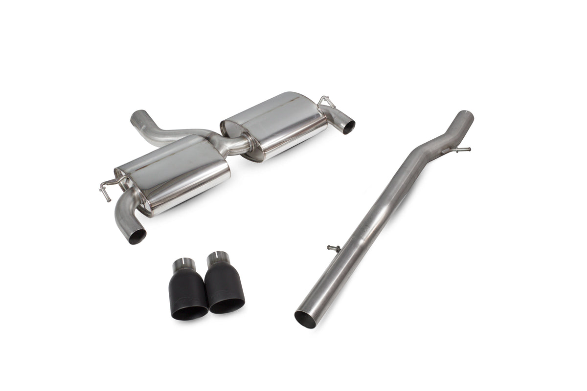 Scorpion Volkswagen Golf Mk4 R32 non-resonated cat-back exhaust system with polished stainless steel tips and dual exhaust outlets.