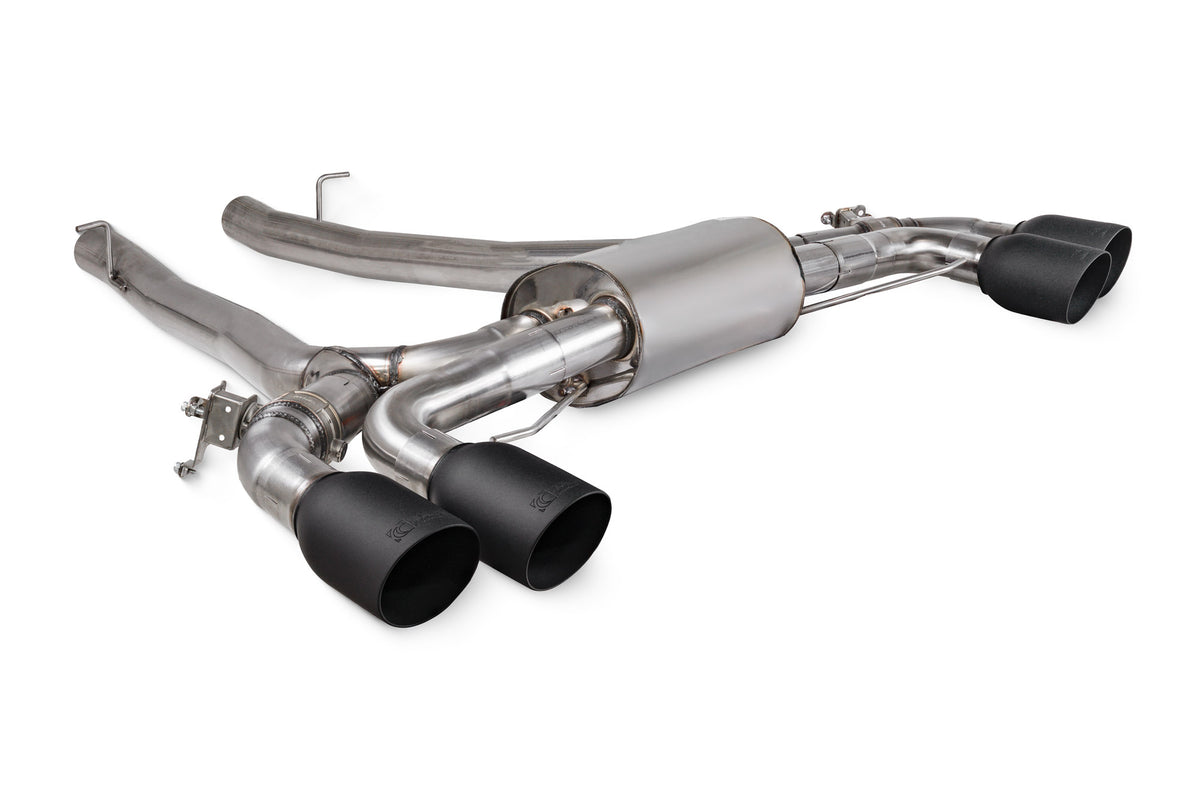 Scorpion BMW F90 M5 half exhaust system with electronic valves, showing dual exhaust tips and polished metal finish.