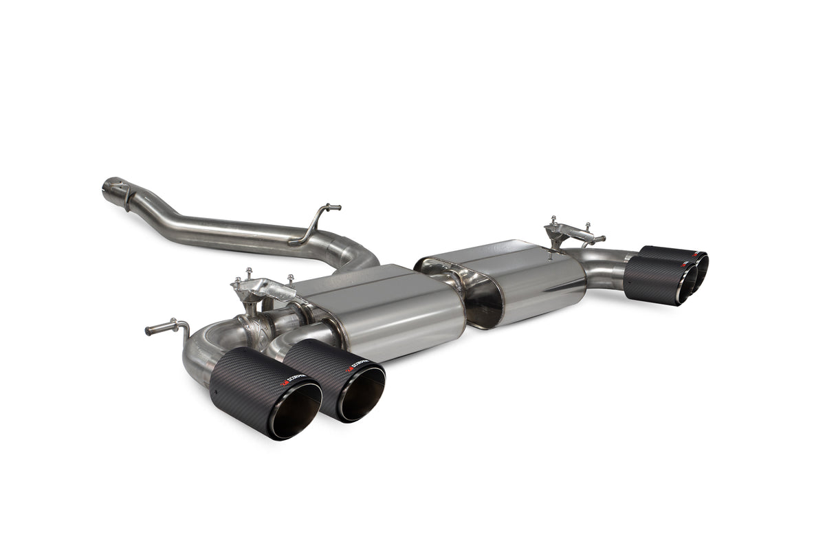 Scorpion Volkswagen Golf R MK8/8.5 GPF Model GPF-Back Exhaust System with electronic valves, non-resonated, stainless steel finish.
