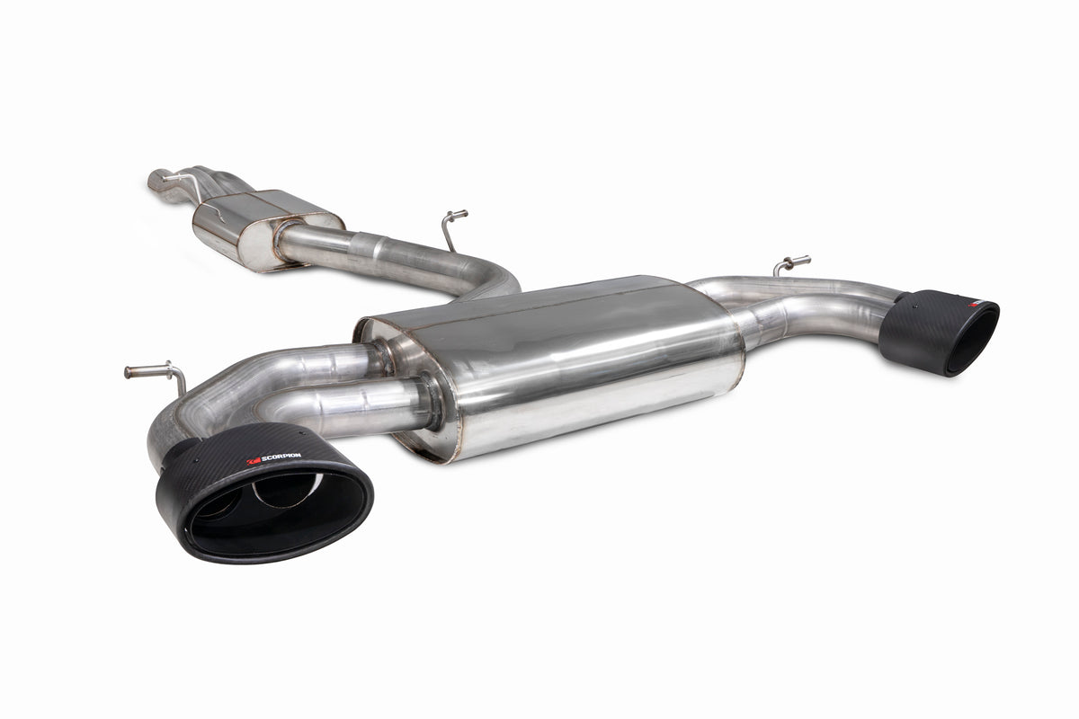 Scorpion Audi RS3 8V saloon GPF-back exhaust system with resonated cat and no valves, showcasing the stainless steel construction.